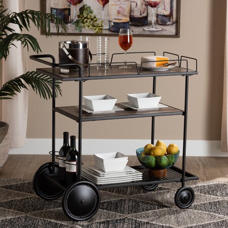 Baxton Studio Huntley Modern Industrial Walnut Brown Finished Wood and Black Metal Mobile Wine Cart 218-12532-ZORO